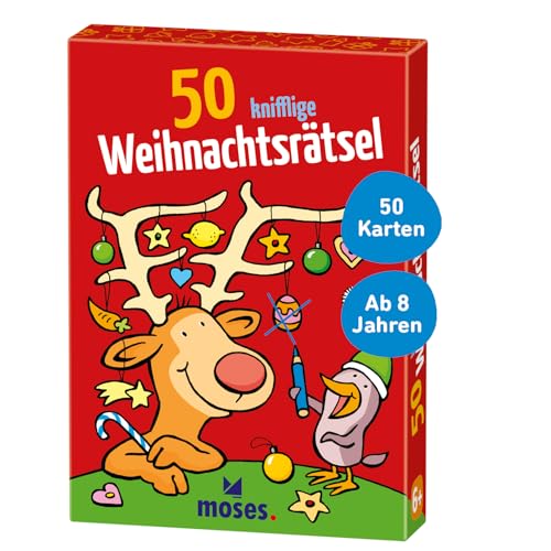 moses 21051 50 knifflige Weihnachtsrätsel Kinderbeschäftigung ab 6 Jahren für die Weihnachtszeit Kartenset, bunt von moses