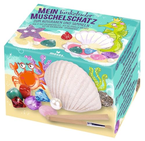 moses 30556 Mein funkelnder Muschelschatz zum Ausgraben Diamant Ausgrabungsset mit 3 verborgenen Schätzen, für Kindergeburtstag, Mottoparty und Mitbringsel für Kinder, 6 cm x 10 cm x 7,5 cm von moses