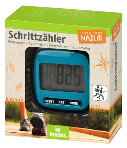 moses. Expedition Natur Schrittzähler, inkl. Distanzmessung und Kalorienverbrauchsanzeige, mit Gürtelclip, Aktivitätstracker zum Spazierengehen von moses