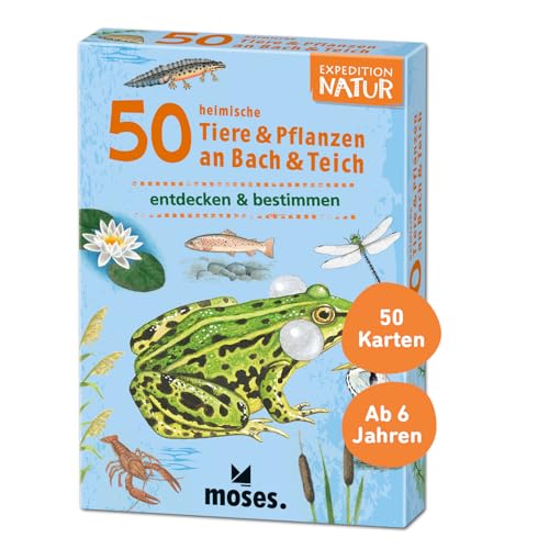 Moses 9761 Expedition Natur - 50 heimische Tiere und Pflanzen an Bach und Teich| Bestimmungskarten im Set | Mit spannenden Quizfragen, White von moses