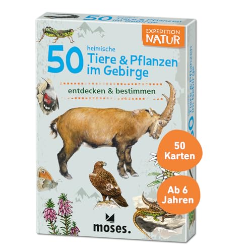 moses. 9762 Expedition Natur 50 heimische Tiere und Pflanzen im Gebirge| Bestimmungskarten im Set | Mit spannenden Quizfragen, Mittel, White von moses