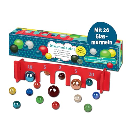 Klassisches Murmelspiel – Spieleklassiker für Kinder, 26 Murmeln aus Glas und Holzbogen im Set, Indoor- & Outdoor-Spiel, Mitbringsel zum Kindergeburtstag, Ostern, Adventskalender, Glasmurmeln von moses