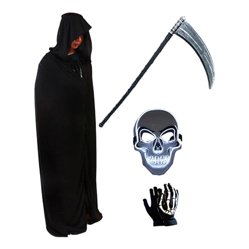 Moslalo Halloween-Reaper-Kostüm-Set, Reaper-Cosplay-Kostüm-Set, Rollenspiel-Todesumhang, 4X Anziehkleidung, Totenkopf-Handschuhe, Maske und Sense, Kapuzenumhang, Halloween-Kostüm von Moslalo