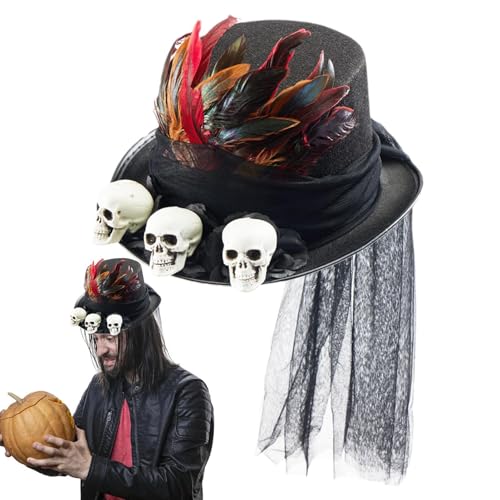 Moslalo Steampunk-Zylinder, Totenkopf-Steampunk-Hut - Gothic Steampunk Hüte - Halloween-Kopfbedeckung für Damen und Herren, Halloween-Kostüm, Cosplay, Totenköpfe, Federn, schwarzes Netz für Kopfumfang von Moslalo