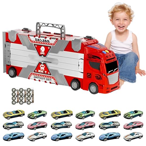 Moslalo Transport-LKW-Spielzeug,Transport-LKW-Spielzeug für Jungen - Autotransporter-Spielzeug-LKW-Set,Rennstrecke und 18 Spielzeugautos, Rennwagen mit Licht und Sound, LKW-Spielzeug für Jungen und von Moslalo