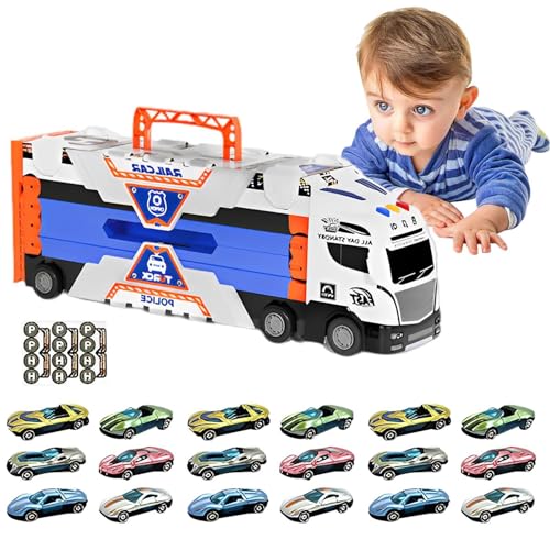Moslalo Transport-LKW-Spielzeug für Jungen,Auto-Transport-LKW-Spielzeug | Transporter-LKW-Spielzeugset,Rennstrecke und 18 Spielzeugautos, Rennwagen mit Licht und Sound, LKW-Spielzeug für Jungen und von Moslalo