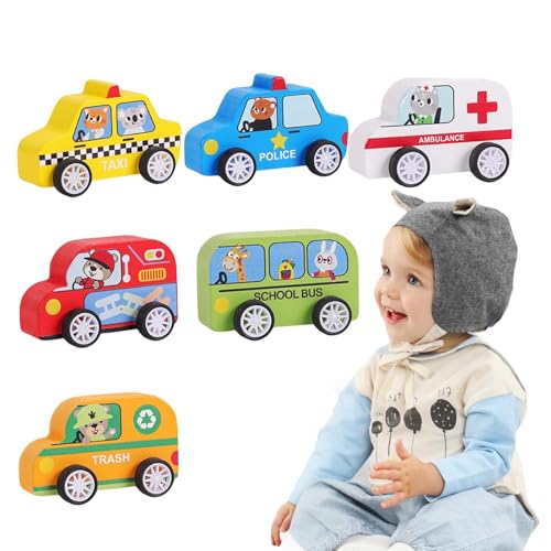 Moslate Fahrzeuge zum Zurückziehen, Spielzeugauto zum Zurückziehen,Rückzieh-LKW-Modell, Rettungswagen, 6-teiliges Fahrzeugset - Buntes interaktives Holzspielzeug für Kinder, Rollenspiel zum von Moslate