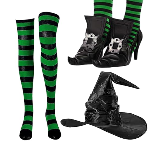 Moslate Halloween-Kostüme für Damen,Halloween-Hexe-Kostüm | Halloween-Hexen-Anziehset - Gruselige spitze Hexenschuhe-Dekoration, gestreifte kniehohe Socken, Hexenhut-Set für Halloween- von Moslate