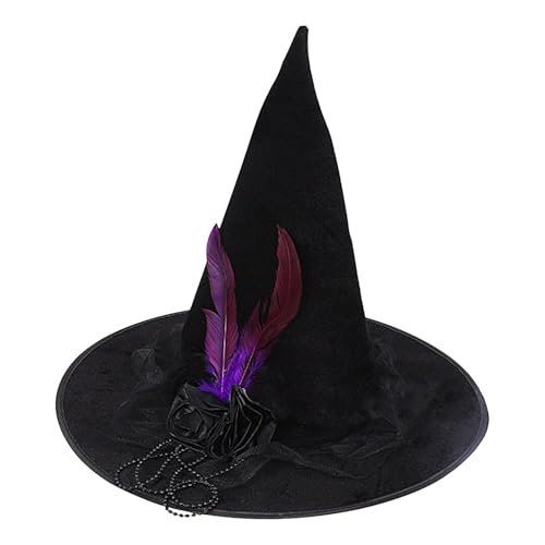 Moslate Schwarzer Hexenhut,Halloweenhut | Halloween Hexenkostüm Hut mit schwarzem Rosendekor,Spitzhut mit breiter Krempe und Perlenketten-Feder-Dekor für Damen und Mädchen von Moslate