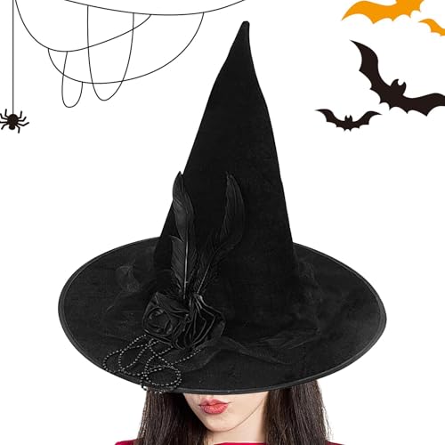 Moslate Schwarzer Hexenhut,Halloweenhut | Zauberer-Kostümhut mit schwarzem Rosendekor | Perlenketten, Federdekor, Kostümparty, Cosplay-Zubehör für Halloween von Moslate