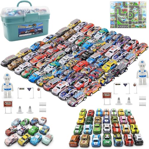 Mostop 100 PCS Mini Pull Back Car Set, Pull Back Racing Vehicles for Kids Toddlers, Kids Party Favors Car Pack Toy with Storage Box and Map, Bulk Small Vehicles, Push and Go Racing Cars for Kids von Mostop