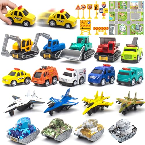 Mostop 18 Pcs Pull Back Cars Spielzeug,Friction Powered Die Cast Cars Spielzeug für Kleinkinder mit Spielmatte, Assorted Mini-Metall-Fahrzeug-Set mit Stadtautos,Lastwagen, Armee-Panzer und Flugzeuge von Mostop