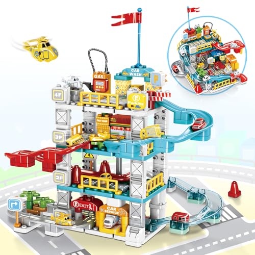 Mostop 2 in 1 Kinder Spielzeug Auto Garage Track Set, Spielzeug Garage mit Track Spielen, Garage Stadt Playset für 3 4 5 6 Jahre alt Jungen Mädchen Kinder von Mostop