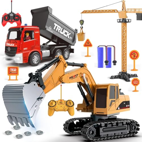 Mostop 3 In 1 Remote Control Excavator and Dump Truck Toy Set,RC Dump Truck/Bagger mit Lichtern und Sounds Crane, RC Construction Vehicles Toy Set für Jungen Kinder von Mostop