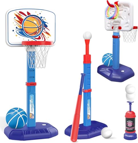 Mostop 4 in 1 Kinder Basketballkorb und T Ball Set - Verstellbare Höhe, Kinder Baseball Tee mit automatischer Wurfmaschine, Indoor Outdoor Sport Spielzeug Geschenke für Kleinkinder Jungen Mädchen von Mostop