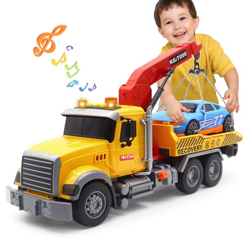 Mostop Kinder Abschleppwagen mit Auto-Spielzeug,Friction Powered Transport Truck Crane Toy mit Lichtern und Sounds,mit Roadster,Kinderspielzeug für 3 4 5 6 7 Jahre alt Jungen Mädchen Geschenke von Mostop