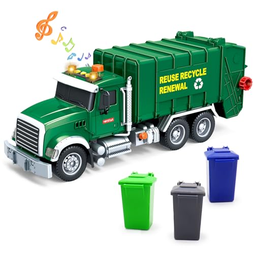 Mostop 15 "großes Müllwagenspielzeug, Reibungsmüll Recycling -LKW mit Lichtern und Geräuschen, 3 Mülleimer mit Müllkarten, Kinderspielzeug für 3 4 5 6 7 Jahre alte Jungen Mädchen Geschenke von Mostop