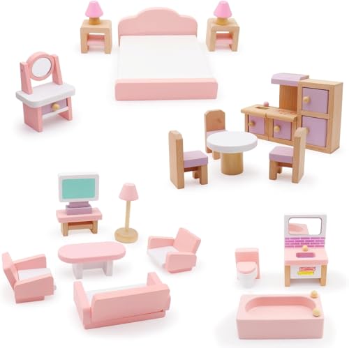 Mostop Wooden Dollhouse Furniture Set,22 Pcs Miniatur-Puppenhaus-Zubehör, 4 Zimmer Holz rosa Puppenhaus-Zubehör Pretend Play Möbel Spielzeug für Kinder Jungen Mädchen von Mostop