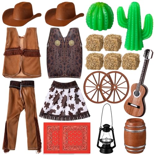 Motionchic 20 Stück Weihnachtselfe Cowboy und Cowgirl Kostüm Elfe Zubehör Kleidung Western Urlaub Elf Outfits für Weihnachten Party Dekorationen von Motionchic