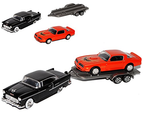 Motormax Chevrolet Bel Air 1955 Schwarz mit Pontiac Trans Am Orange und Autoanhänger 1/43 Modell Auto mit individiuellem Wunschkennzeichen von Motormax