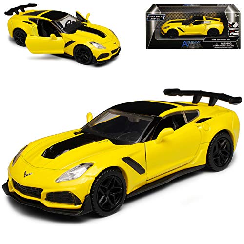 Motormax Chevrolet Corvette ZR1 C7 Z06 Coupe Gelb mit Streifen in Schwarz Modell Ab 2013 Version 2019 mit Rückzugsmotor ca 1/43 1/36-1/46 Modell Auto mit individiuellem Wunschkennzeichen von Motormax