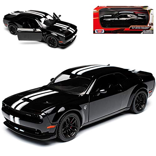 Motormax Dodge Challenger SRT Hellcat Widebody LC Coupe Schwarz mit Streifen in Weiss Ab 2008 1/24 Modell Auto mit individiuellem Wunschkennzeichen von Motormax