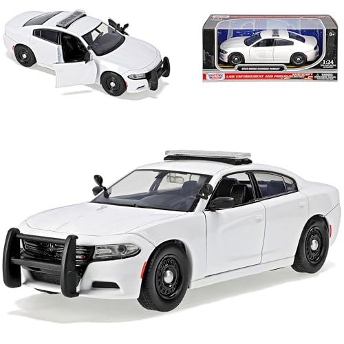 Motormax Dodge Charger LD Limousine Police Weiss 2. Generation 2010-2023 Version Ab 2015 1/24 Modell Auto mit individiuellem Wunschkennzeichen von Motormax