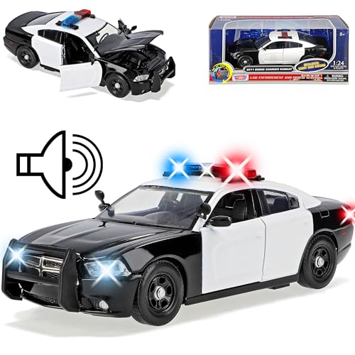 Motormax Dodge Charger LD Limousine Police Weiss Schwarz mit Licht und Sound 2. Generation 2010-2023 Version 2010-2015 1/24 Modell Auto mit individiuellem Wu.. von Motormax