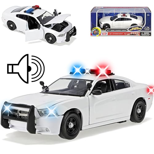 Motormax Dodge Charger LD Limousine Police Weiss mit Licht und Sound 2. Generation 2010-2023 Version 2010-2015 1/24 Modell Auto mit individiuellem Wunschkenn.. von Motormax