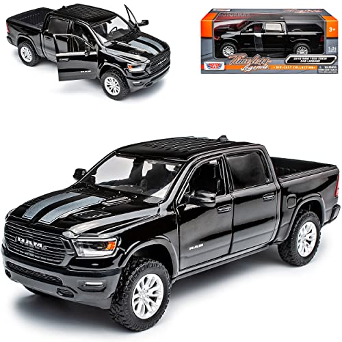 Motormax Dodge Ram 1500 Pick-Up Doppelkabine Schwarz mit Streifen 5. Generation Ab 2019 1/24 Modell Auto mit individiuellem Wunschkennzeichen von Motor Max