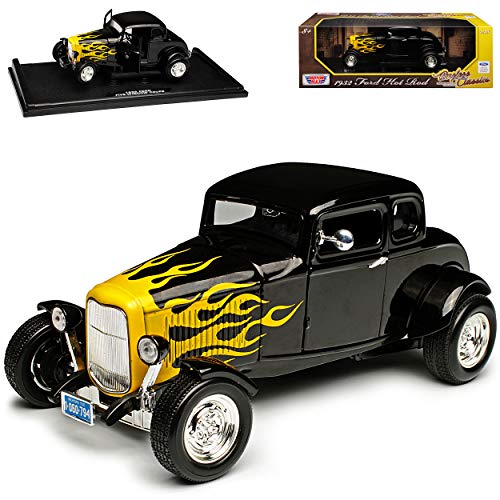 Motormax Ford Coupe Hot Rod Schwarz mit gelben Flammen 1932 1/18 Modell Auto von Motormax