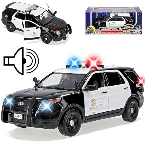 Motormax Ford Explorer SUV Los Angeles Police Interceptor Weiss Schwarz mit Licht und Sound 5. Generation 2010-2019 1/24 Modell Auto mit individiuellem Wunsch.. von Motormax