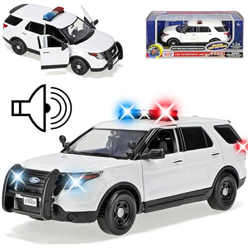 Motormax Ford Explorer SUV Police Interceptor Weiss mit Licht und Sound 5. Generation 2010-2019 1/24 Modell Auto mit individiuellem Wunschkennzeichen von Motormax