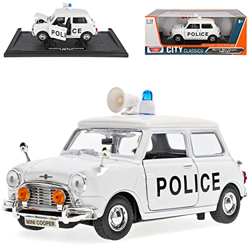 Motormax Mini Cooper Morris altes Ur Modell Police Weiss 1959-2000 1/18 Modell Auto mit individiuellem Wunschkennzeichen von Motormax