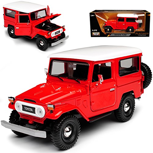 Motormax T*o*y*o*t*a Land Cruiser FJ40 Rot mit Weissem Dach 3 Türer 1960-1984 1/24 Modell Auto mit individiuellem Wunschkennzeichen von Motormax