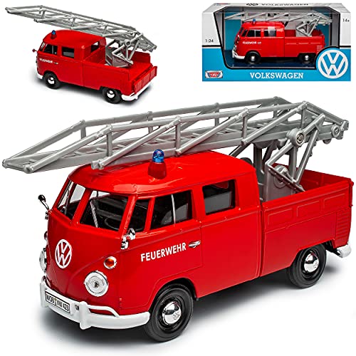 Motormax Volkwagen T1 Feuerwehr mit Drehleiter Rot Samba Bully Bus 1950-1967 1/24 Modell Auto mit individiuellem Wunschkennzeichen von Motormax