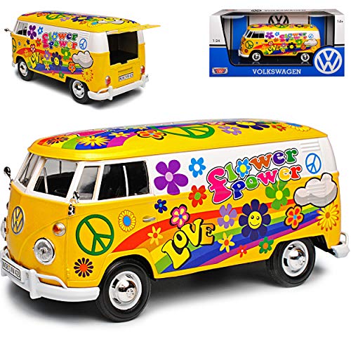 Motormax Volkwagen T1 Flower Power Gelb Love and Peace Blumen 1950-1967 1/24 Modell Auto von Motormax