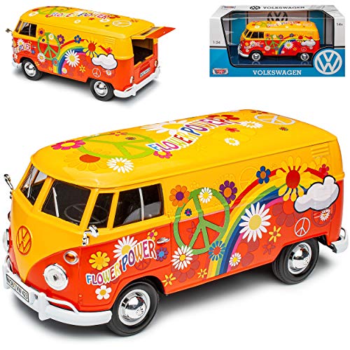 Motormax Volkwagen T1 Flower Power Gelb Rot Love and Peace Blumen 1950-1967 1/24 Modell Auto mit individiuellem Wunschkennzeichen von Motor Max