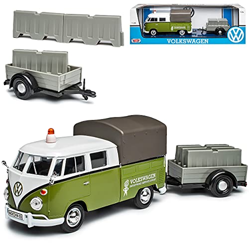 Motormax Volkwagen T1 Grün Road Service Strassendienst mit Anhänger Bus 1950-1967 1/24 Modell Auto von Motormax