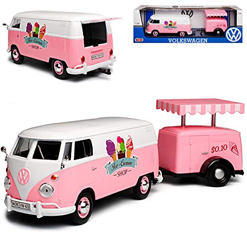 Motormax Volkwagen T1 Pink Eiswagen mit Anhänger Bus 1950-1967 1/24 Modell Auto von Motormax