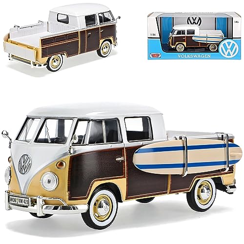 Motormax Volkwagen T1 Pritsche Braun Weiss mit Surfbrett Samba Bully Bus 1950-1967 1/24 Modell Auto mit individiuellem Wunschkennzeichen von Motormax