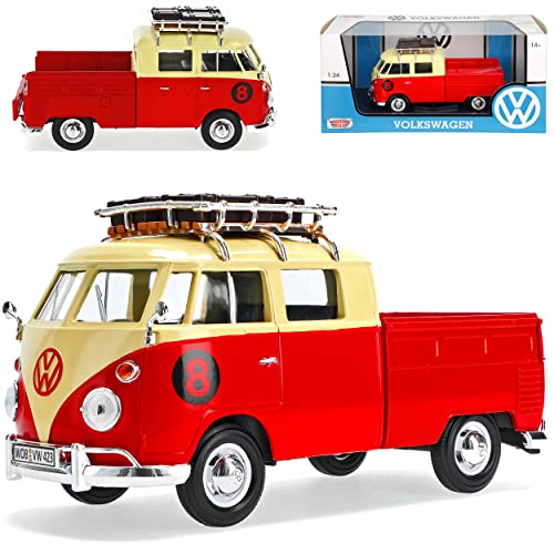 Motormax Volkwagen T1 Pritsche mit Dachträger Rot Samba Bully Bus 1950-1967 1/24 Modell Auto mit individiuellem Wunschkennzeichen von Motormax