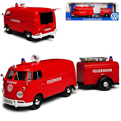 Motormax Volkwagen T1 Rot Feuerwehr mit Anhänger Bus 1950-1967 1/24 Modell Auto mit individiuellem Wunschkennzeichen von Motormax