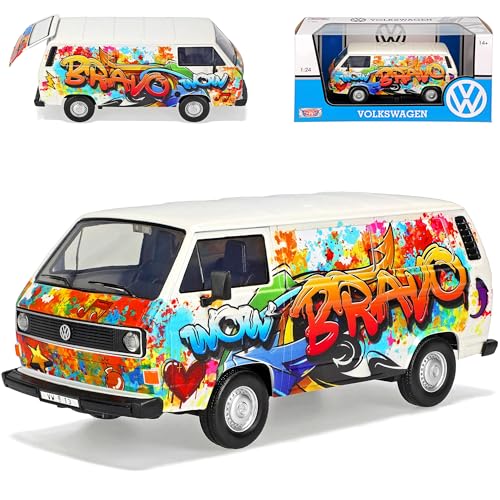 Motormax Volkwagen T3 Weiss mit Graffiti Bravo 1979-1992 1/24 Modell Auto mit individiuellem Wunschkennzeichen von Motormax