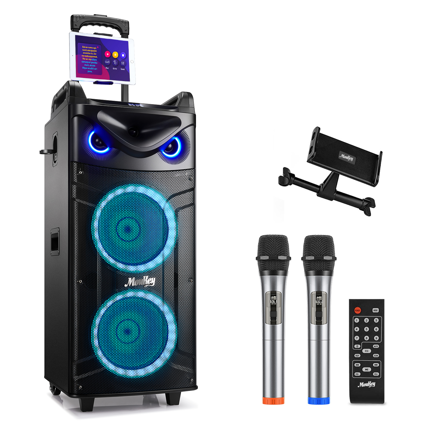 Moukey MTs210-1 Karaoke Bluetooth Lautsprecher Tragbares Doppelter Woofer PA Anlage mit 2 drahtlosen Mikrofonen von Moukey