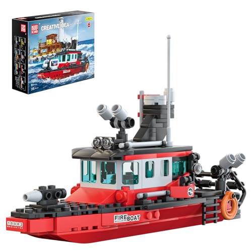 Mould King 10082 City Klemmbausteine Schiff Fischerboot Bausteine Schiff Spielzeug Feuerwehr Segelschiff Modell mit Wasserkanone Schiffbausatz Kompatibel Mit Andere Marke(315 Teile) von Mould King