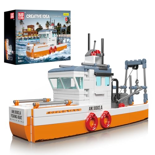 Mould King 10083 MOC Schiff Bausteine Spielzeug Set, 420 Teile Fischerboot-Bauset Modell, Meeresforschungsschiff Klemmbausteine Bausatz Geschenk für Kinder ab 8 Jahren von Mould King