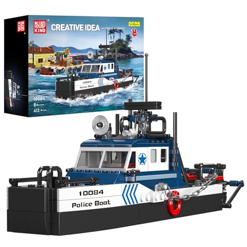 Mould King 10084 Technik MOC Polizeiboot Schiff Fischerboot Klemmbausteine,Technologie Stadtboot und Schiffsbauset für Jungen und Mädchen ab 5 Jahren, Erwachsene, (413 Teile) von Mould King