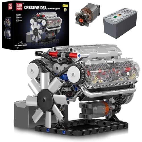 Mould King 10088 MOC Technik （V8） Achtzylinder-Motor Reihenbenzinmotor-Blockbausatz Technologie Klemmbausteine Bausatz Enthält und Batteriekasten V8-Motor (535 PCS+) von Mould King