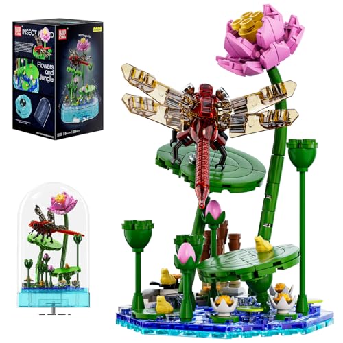 Mould King 10106 Blumen Insekten Klemmbausteine Libelle klemmbausteine LED Spieluhr Bausteine Musik Bauspielzeug mit Acryl-vitrine Geschenke für 8+ Jungen und Mädchen (396 Teile) von Mould King